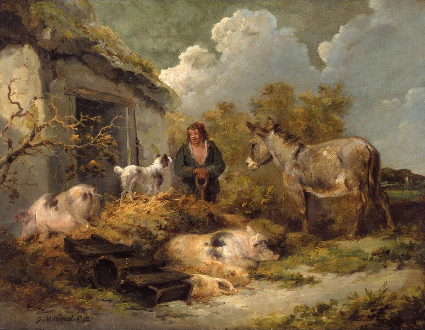 Ragazzo con asino, maiale e cane in una fattoria - Charles Sedelmeyer collection